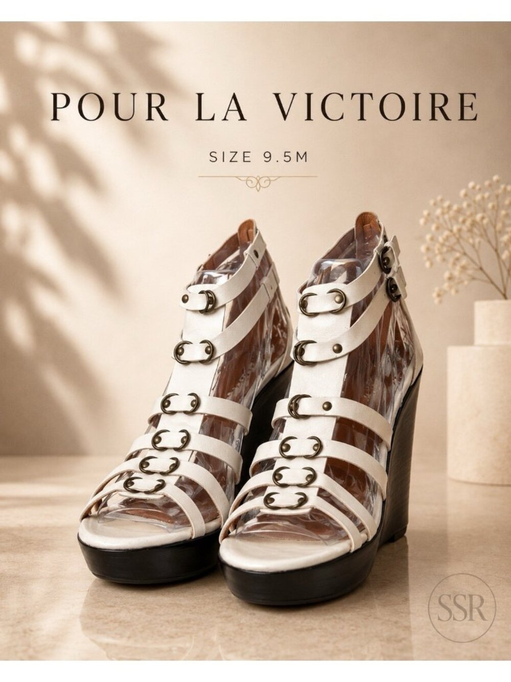 Pour La Victoire White Leather Strappy Platform Wedge Sandals Buckle Heels 9.5M